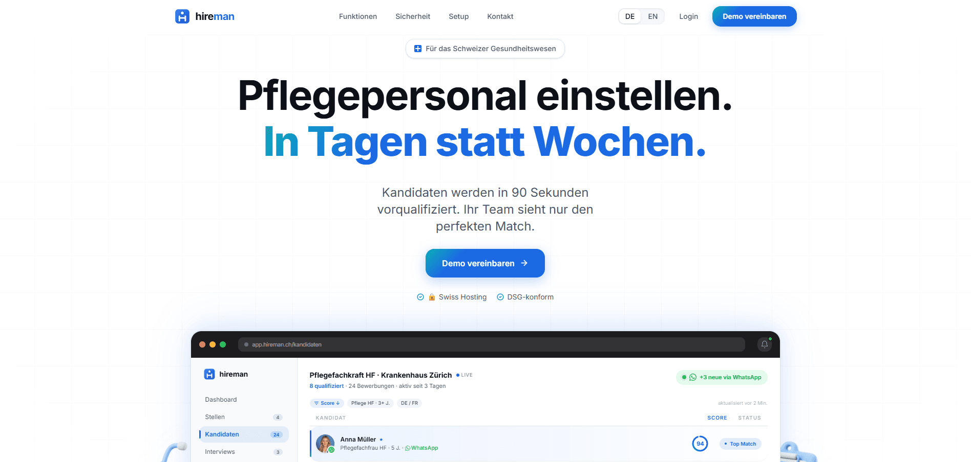 Hireman Recruiting-Plattform für das Schweizer Gesundheitswesen